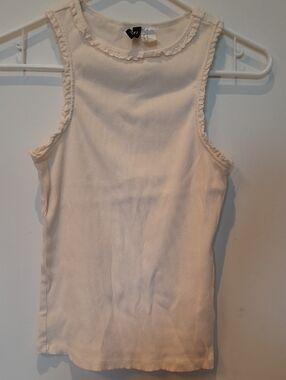 H&M Cream Ribbed Tank with Ruffle Trim